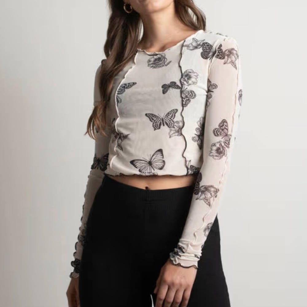 NWT Nectar Sheer Cream and Black Long Sleeve With Butterfly Print XS
